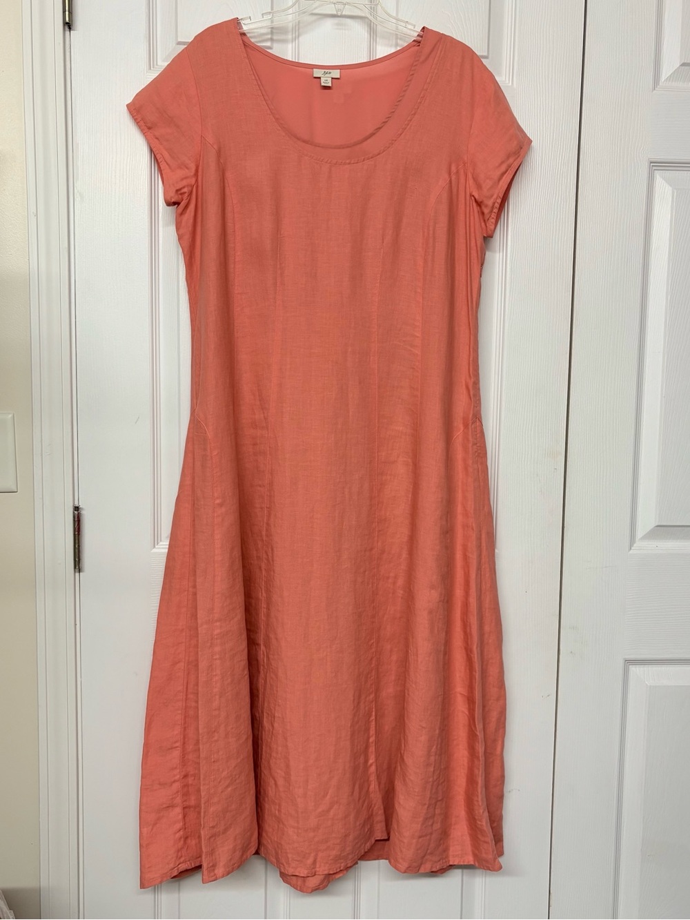 J Jill 100% Linen Short Sleeve Fit and Flare Maxi Dress Coral Sz 14